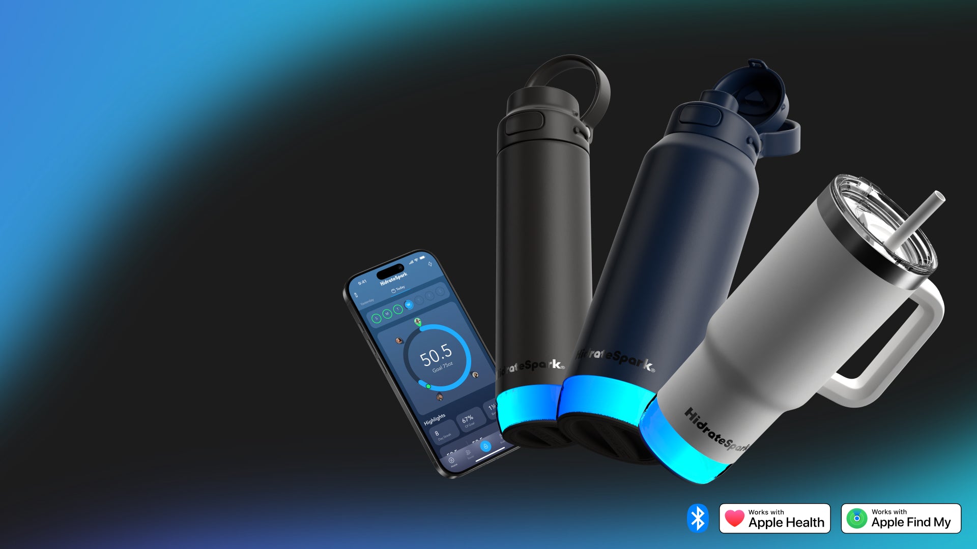 HidrateSpark smart water bottle set with glow reminders and hydration tracking app