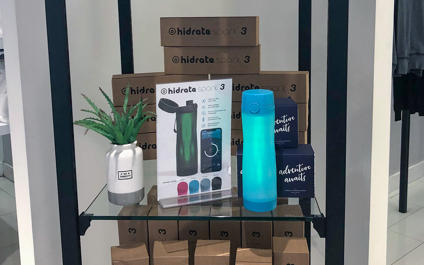 Hidrate Spark 3 Bluetooth Smart Water Bottle on display and for sale at the Herald Square Macy's