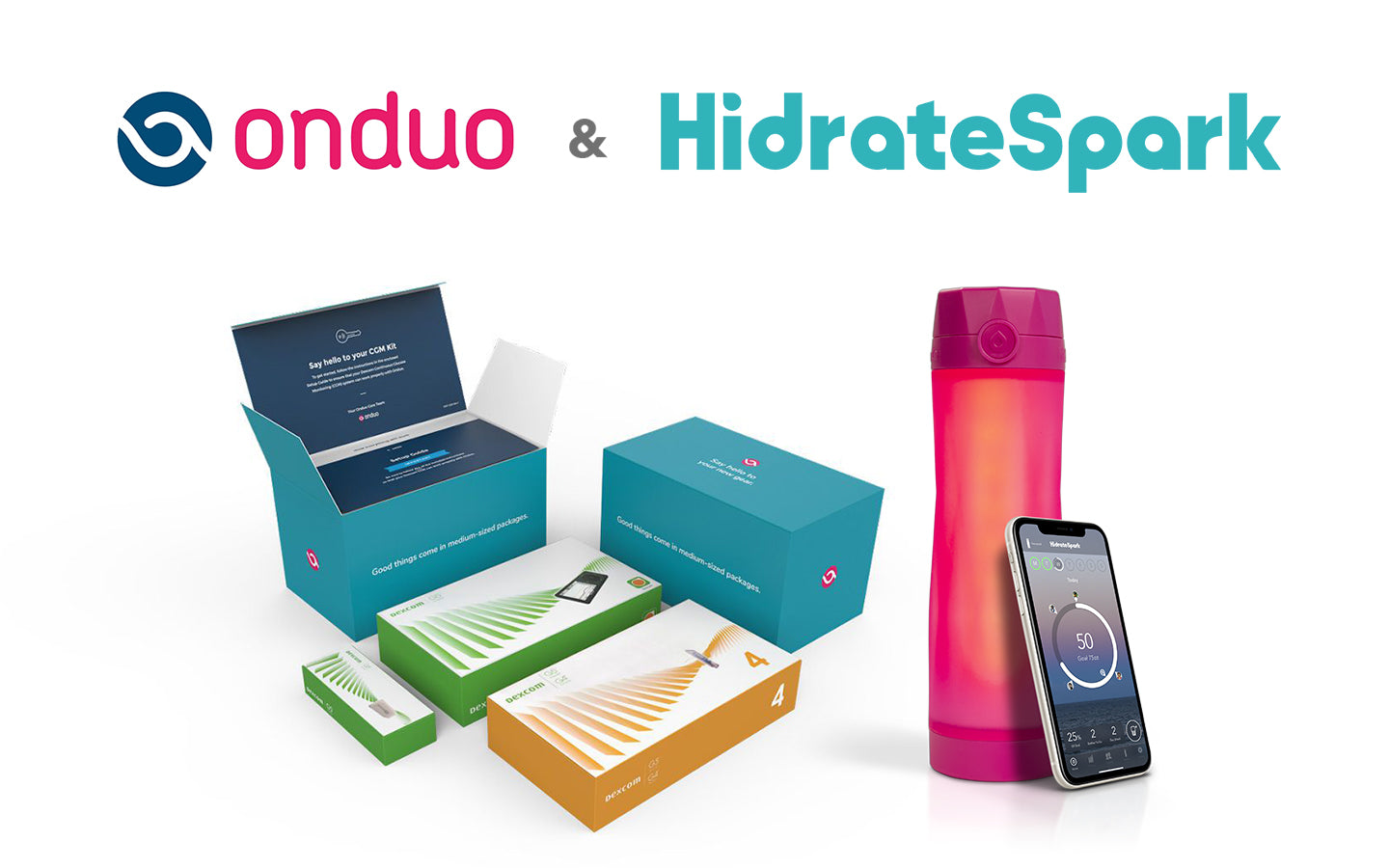 onduo's CGM system pack for type 2 diabetes along side a berry colored hidrate spark 3 bluetooth smart water bottle