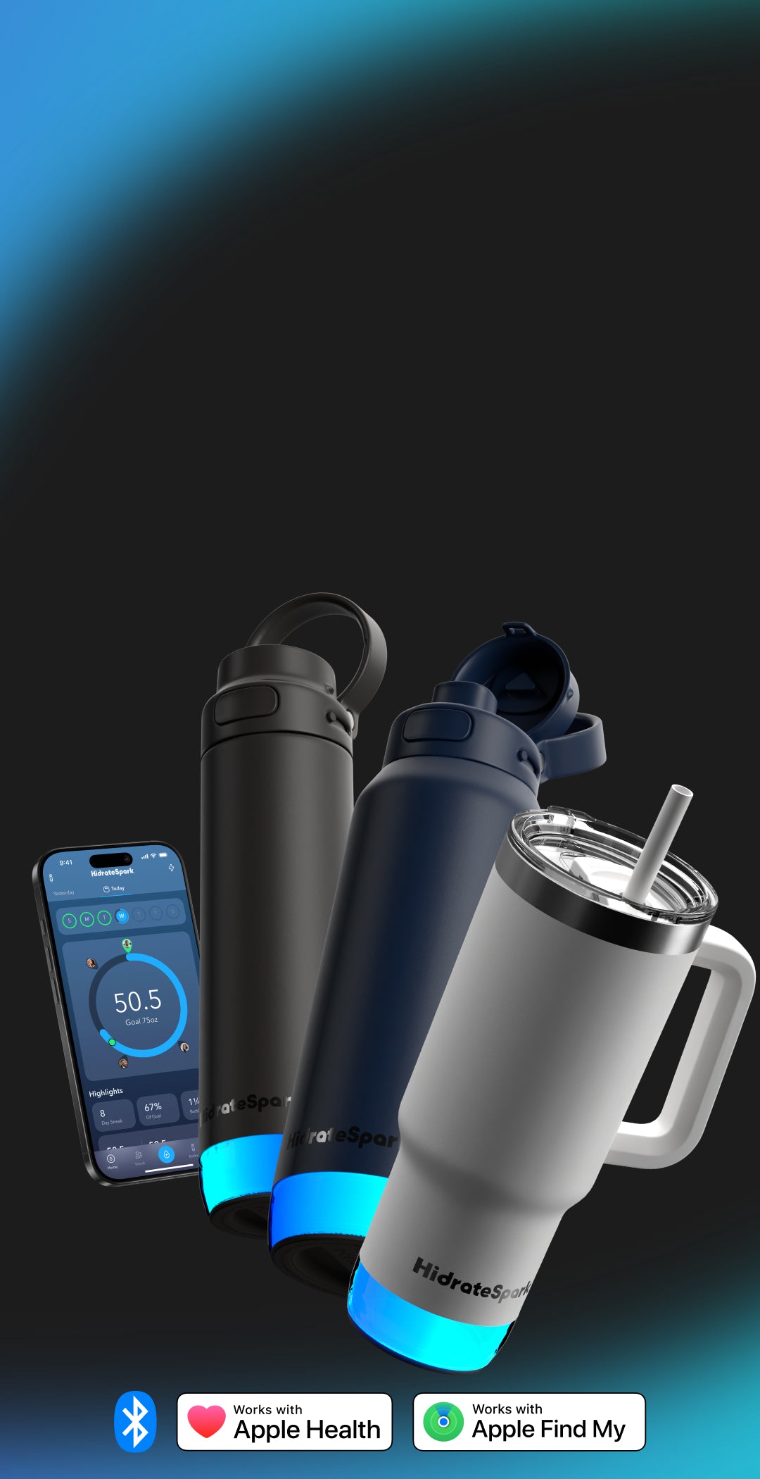 HidrateSpark smart water bottle set with glow reminders and hydration tracking app