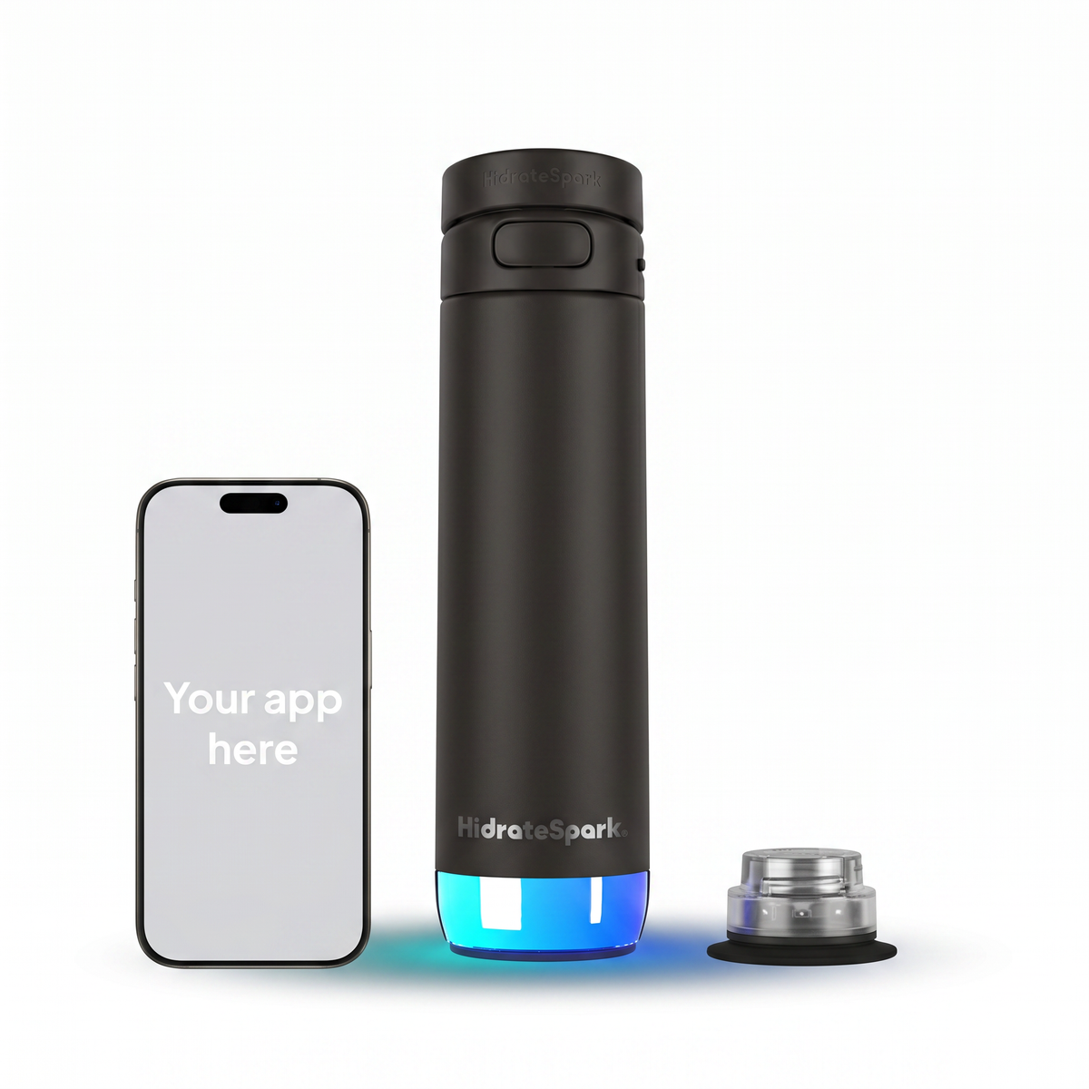 Black water bottle with blue light and smartphone on a white background