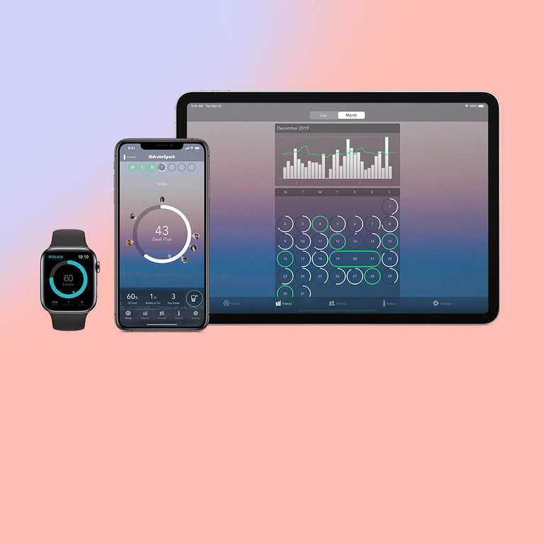 HidrateSpark mobile application or app that shows water tracking data from smart bottle on apple watch, phone and tablet