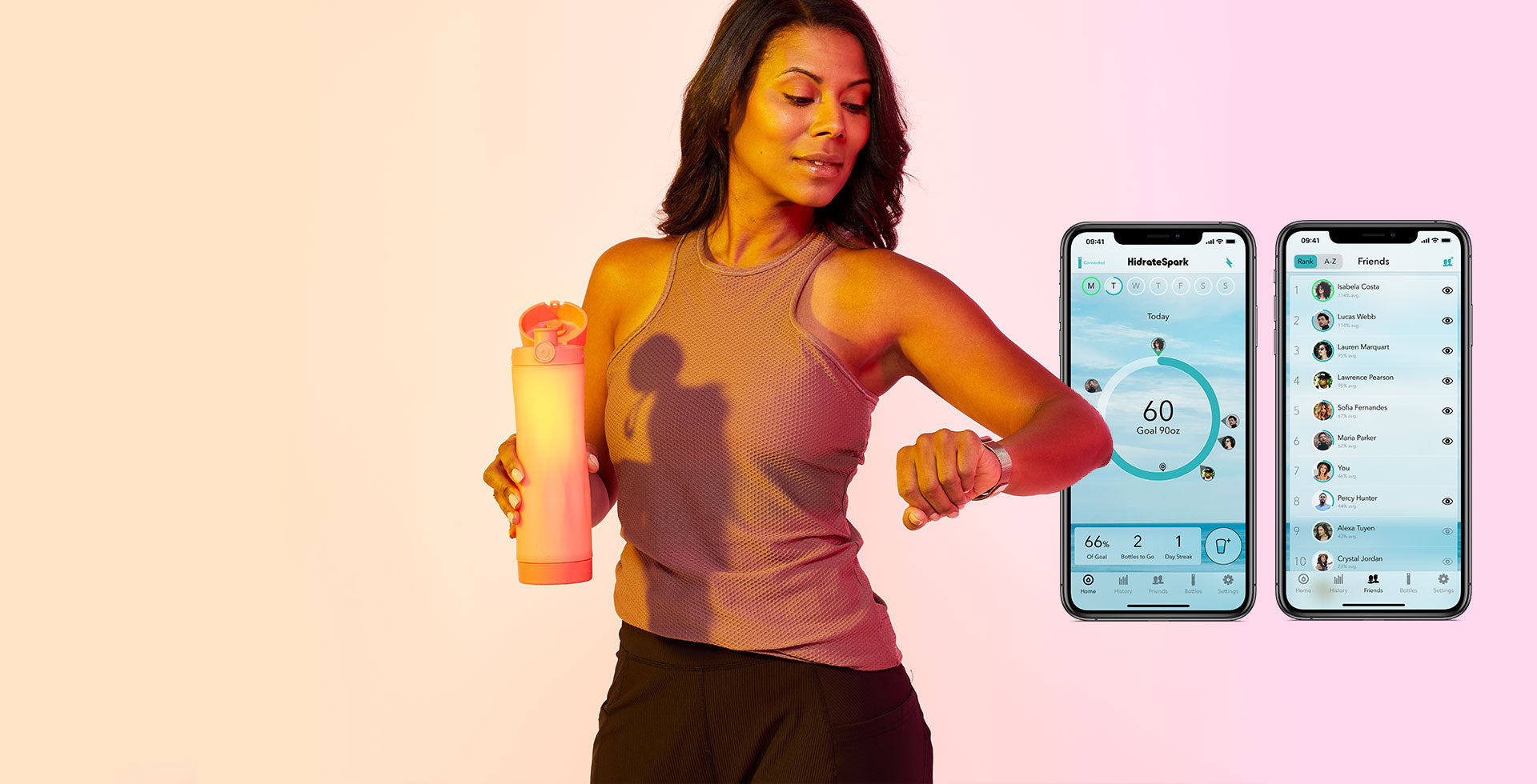 Woman using coral glowing hidratespark smart bottle and apple watch to tracker water intake on a hydration tracking app called hidrate